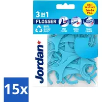 Jordan 15 x - 3-in-1 Flosser - Tandenstokers met flosdraad - 50 Stokers - Voordeelverpakking - 15 stuks