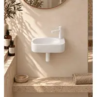 Qeramiq Fuente fonteinset – halfrond – 40x21.5x12 cm – keramiek wit glans – kraangat rechts – mat witte kraan SW1209550/SW696206/SW696216/SW1210972