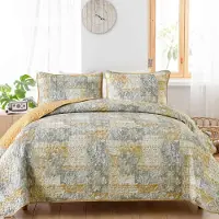 Merkloos Elzusha - Boho Quilt Set King Size - Grijs en Geel Geruit Bloemenpatroon - 3 Stuks