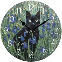 Merkloos Omgoods - Wandklok Zwarte Kat met Paarse Bloem - Stille Decoratieve Klok 25x25cm
