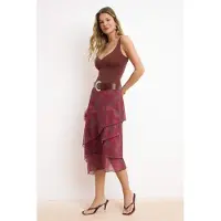 Trendyol TRENDYOLMİLLA Dames Bordeaux Bloemen Midi Asymmetrisch A-lijn Rokken