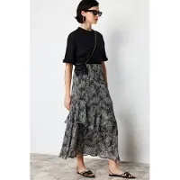 Trendyol Modest Dames Zwart Dierenprint Maxi Uitlopend rok A-lijn Modest Rokken