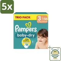 Pampers 5 x – Luiers – Baby-Dry Trio Pack Maat 3 (6-10 kg) – 156 Luiers - Wasstrips - Baby Luiers - Droge Luiers - Anti-lek Luiers - Baby Droogheid - Nachtluier