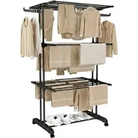 Famanu – Vouwbare Droogrek met Wielen, Zwart, 3 Laags, 72 x 50 x 172 cm