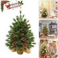 UISEBRT 60cm Mini kunstkerstboom met LED-verlichting, kerstboom/decoratieboom van PE-materiaal met dennenappels en bessen, geschikt voor binnenshuis, kerstdecoratie