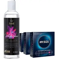 Vibratissimo Play Gel All-in-one 250 ml & MY.SIZE condooms 3-pack | Glijmiddel, tintelend & hoogtepuntversterkend | Glijmiddel op waterbasis 57, 60, 64 mm breedte