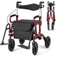 Costway Rollator met luchtbanden, opvouwbaar en licht, met zitting, 2-in-1 rolstoel en reisrollator, aluminium, tot 140 kg, loophulp 6-voudig in hoogte verstelbaar, loopwagen met tas en stokhouder