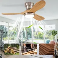 OKWISH Plafondventilator Met Verlichting – 90 × 90 × 24,5 cm – Hout – Natuurlijk – 6 Snelheden – Reversibel, Dimbaar, Met Afstandsbediening