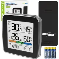 Macleans Funkweerstation, temperatuur + luchtvochtigheid (binnen/buiten), klok + wekker + datum, °C / °F, bereik tot 60 meter, zwart, GB169 B + 4 x Varta Industrial