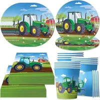 Karma Tractor feest servies voor 16 gasten - 16 papieren borden, 16 bekertjes en 20 servetten - Groen