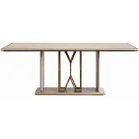 JVmoebel Een luxueuze eettafel met een gouden geometrisch ontwerp en een elegante glazen blad
