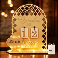 Dripio Houten Ramadan-kalender met LED-verlichting, aftelkalender voor kinderen, 20x20x7 cm