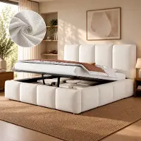 STILVORA gestoffeerd bed 180 x 200 cm met hydraulische opbergruimte, tweepersoonsbed met lattenbodem en hoofdeinde, multifunctioneel bed met gestoffeerd hoofdeinde, wit bouclé