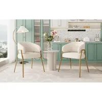 Kein Hersteller Witte eetkamerstoel. Moderne stoel bekleed met lamswol, met spuitgoud afwerking in goud (2 stuks). Eetkamerstoel met gouden poten, wit