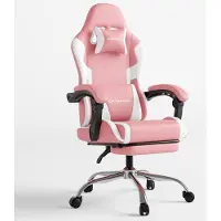 Dowinx Gaming stoel met voetsteun en massagefunctie in de lendensteun. Ergonomische gaming stoel, comfortabele gaming fauteuil met hoofdsteun, roze-wit