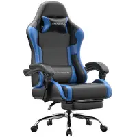 Dowinx Gaming stoel, ergonomische stoel, gamefauteuil met voetsteun, draagvermogen 150 kg, gamingstoel met verstelbare armleuningen, blauw
