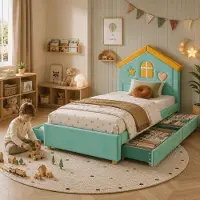 Kein Hersteller Kinderbed 90x200, peuterbed, gestoffeerd bed, 4 lades, opbergruimte, fluweel, hoofdbord in huisstijl