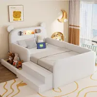 Kein Hersteller Kinderbed met gestoffeerde zijkanten, 90x200 cm, met een beren hoofdeinde, nachtlampje, USB-poort, opbergruimte, trappelsteun en bekleed met kunstleer