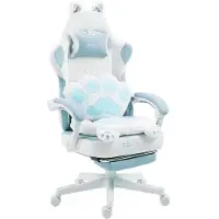 Dowinx Ergonomische gamingstoel, met voetsteun, bekleed met stof, verstelbaar, met een ontwerp geïnspireerd op kattenpootjes, in blauw-wit