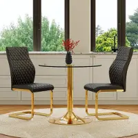 Kein Hersteller Tafel- en stoelset, glazen tafel Ø85 cm, metalen voet, 2 eetkamerstoelen (zwart+goud, transparant)