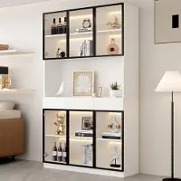 Kein Hersteller Vitrinekast, 200 cm hoog, met LED-verlichting, boekenkast, geschikt voor slaapkamer, woonkamer of kantoor, met glazen deur en zwarte deurkozijn