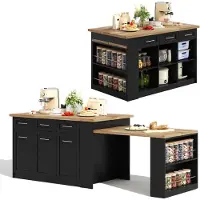 Kein Hersteller Multifunctioneel keukenblok, 150x96 cm, met uitschuifbaar eettafel, zwart, met een laminaat afwerking die houtstructuur nabootst, en geïntegreerde kasten.