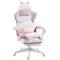Dowinx Ergonomische gamingstoel, met voetsteun, bekleed met stof, verstelbaar, met een ontwerp geïnspireerd op kattenpootjes, in een kleurrijke, wit-gekleurde uitvoering