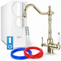 ARI Waterfiltersysteem met keukenkraan, model Retro 2, 800 GPD, 3-weg, messing, goudkleurig, 360 graden draaibaar, keramische cartridge, perlator, mengkraan, zonder reservoir