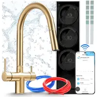 ARI Keukenmengkraan met waterfilterinstallatie Slender, omgekeerde osmose, wifi, mengkraan met twee grepen, messing, geborsteld goud, keramische cartridge, perlator, luchtbelspuit
