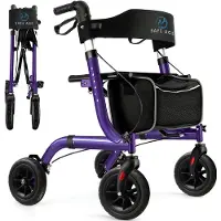 Safe Age Rollator lichtgewicht en opvouwbaar - Rubberen wielen - zitfunctie - voor binnen en buiten - Rugleuning en wandelstok houder - Paars