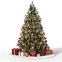 ACXIN Kunstkerstboom met sneeuwlook, geïntegreerde LED-verlichting, massief houten voet, decoratieve elementen, 2,25 meter, geschikt voor kamerdecoratie