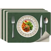Famanu – PU placemats - waterdichte tafelmatten om te dineren, dubbelzijdige wasbare placemats voor keuken/buitengebruik, groen+grijs