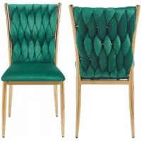 FurniTex K37-FX (G) - Eetkamerstoel - Groen velvet - Goudkleurig metalen frame - Gevlochten zitting