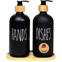Intirilife 3-delige Glazen Zeepdispenser Set in Zwart met Bamboe Dienblad - Inhoud van 500 ml - 17.5 x 8.8 x 20.6 cm - 2 pompflessen voor zeep en afwasmiddel