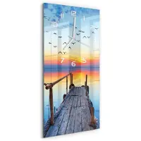 Tulup Wandklok - Houten brug Moderne Wandklok Glas - 30x60 cm - Oranje Wandklok Glas Decoratie - Witte handen - Rechthoekige Klok - Glazen Wandklok Design - Klok Glas Met Opdruk