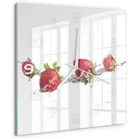 Tulup Wandklok - Aardbeien en water Glazen Klok Met Print - 30x30 cm - Rood Wandklok Glas Met Motief - Witte handen - Vierkante Klok - Wandklok Glas Decoratie - Gekleurde Glazen Klok