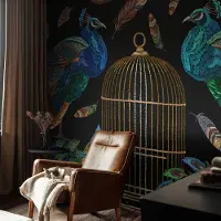 Coloray Vliesbehang - Zwart Snellijm Behang - 208x146 cm - Afbeelding Van Een Pauw Fotobehang Vlies - Woonkamer behang Dieren - Muurschildering - Woonkamer behang