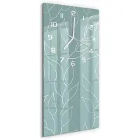 Tulup Wandklok - Bladeren Wandklok Glas Decoratie - 30x60 cm - Blauw Gekleurde Glazen Klok - Witte handen - Rechthoekige Klok - Klok Glas Met Opdruk - Moderne Wandklok Glas