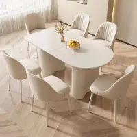 Sonstiges Eettafel met 6 stoelen, wit, 140 cm. Minimalistisch design, gestoffeerde stoelen, ruimtebesparend