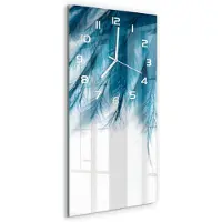 Tulup Wandklok - Blauwe veren Glazen Wandklok Design - 30x60 cm - Blauw Klok Glas Met Opdruk - Witte handen - Rechthoekige Klok - Wandklok Glas Met Motief - Decoratieve Glazen Klok
