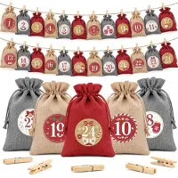 Dripio Adventskalender met 24 jute zakjes, afmetingen 15x20 cm, in de kleuren rood/grijs/naturel