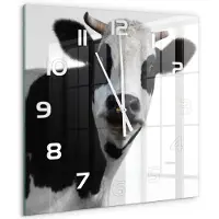 Tulup Wandklok - Koe Glazen Klok Met Print - 60x60 cm - Zwart-wit Wandklok Glas Met Motief - Witte handen - Vierkante Klok - Wandklok Glas Decoratie - Gekleurde Glazen Klok