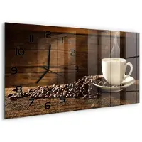 Tulup Wandklok - Kopje koffie Glazen Klok Met Print - 60x30 cm - Bruin Wandklok Glas Met Motief - Zwarte handen - Rechthoekige Klok - Wandklok Glas Decoratie - Gekleurde Glazen Klok