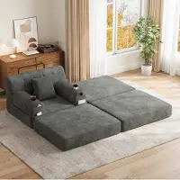 MODFU slaapbank met corduroy bekleding, loungebank die ook als relaxbank kan worden gebruikt met een gastenbedfunctie, hoge rugleuning, 4 opbergvakken en 2 bekerhouders, donkergrijs
