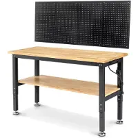 Selius Verstelbare werkbank met rubberhouten blad, metalen pegboard en opbergruimte