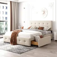 Selius Tweepersoonsbed - Gestoffeerd Bed - Platformbed - 140x200 cm - Beige - Met Opberglade en Lattenbodem
