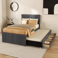 Selius Eenpersoons bedframe – kinderbed van grijs linnen met opberglaadjes en verstelbaar hoofdeinde, 90x200 cm