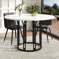 Selius Eettafel – Rond, Modern, Wit Marmerlook Blad, Zwarte Pedestal Voet, Ruimtebesparend