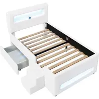 Selius Gestoffeerd platformbed 90x200 cm met trap en lades - Wit eenpersoonsbed voor volwassenen