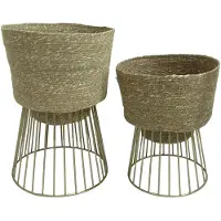 DRW Verlag DRW set met 2 plantenpotten met mandvormige voet en metalen afwerking, in natuurlijke en gouden kleuren, afmetingen 28 x 28 x 42 cm en 24 x 24 x 33 cm